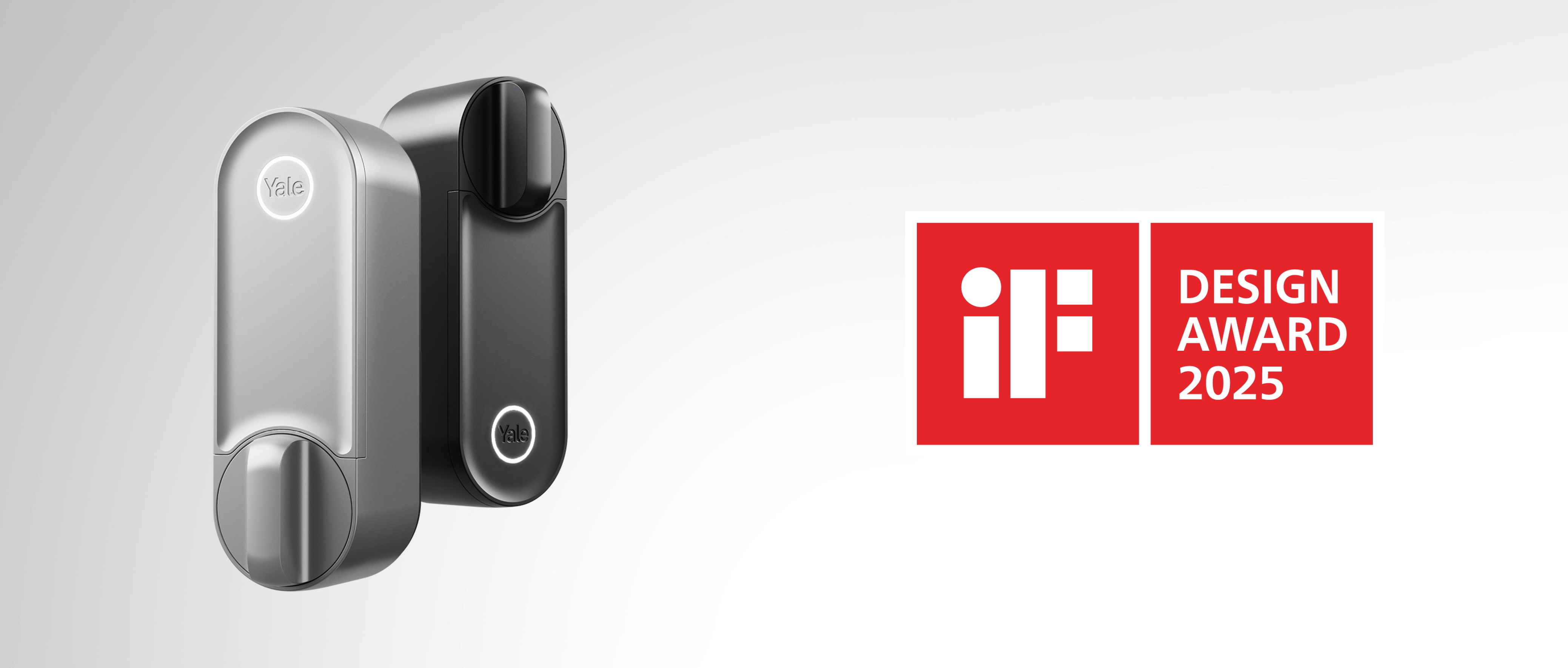 Schwarzes und silbernes Linus L2 Smart Lock und IF 2025 Design-Aware-Logo